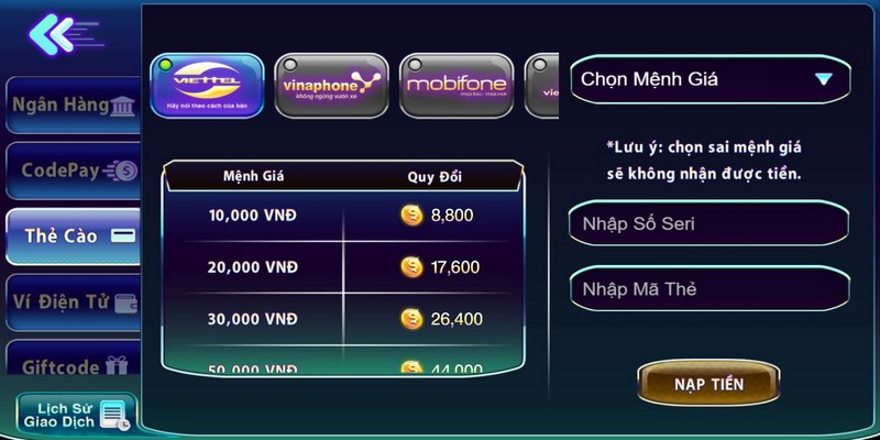 Sử dụng phương thức chuyển qua thẻ cào để nạp tiền 789Club